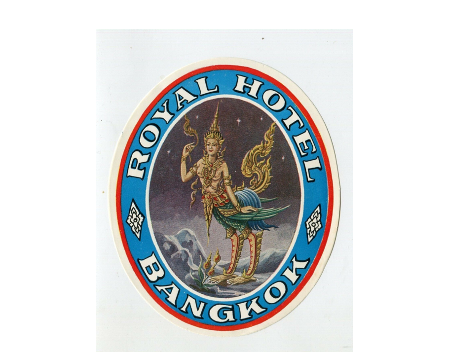 Vintage Hotel Luggage Label ROYAL HOTEL Bangkok Thailand peacock dancer