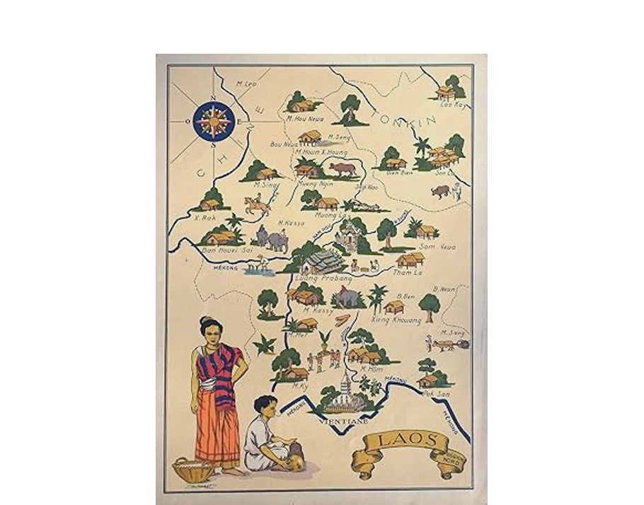 Original Vintage 1943 Colour Laos Pictorial Map