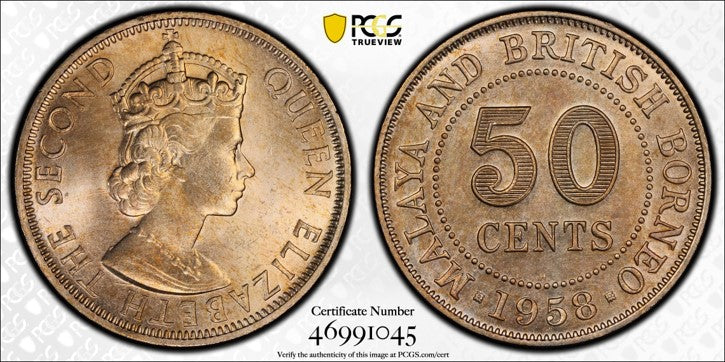 Malaya & BNB Elizabeth II 1958-H 50 Cent PCGS MS 64