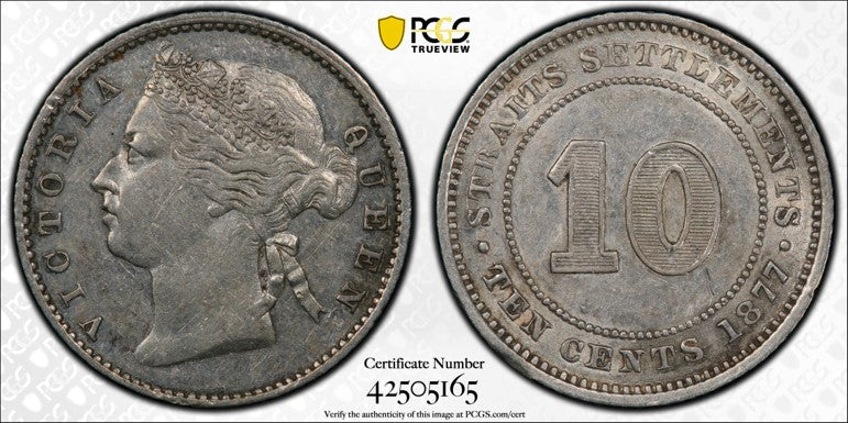 Straits Settlements Victoria 1877 10 Cents PCGS AU 55