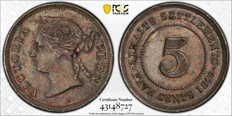 Straits Settlements Victoria 1879 H 5 Cents PCGS AU 53