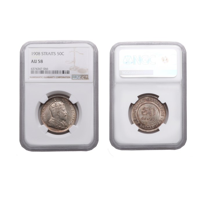 Straits Settlements Edward VII 1908 Silver 50 Cents NGC AU 58