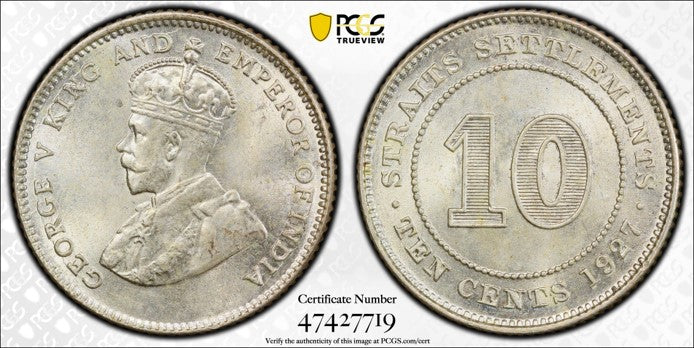 Straits Settlements George V 1927 10 Cents PCGS MS 65