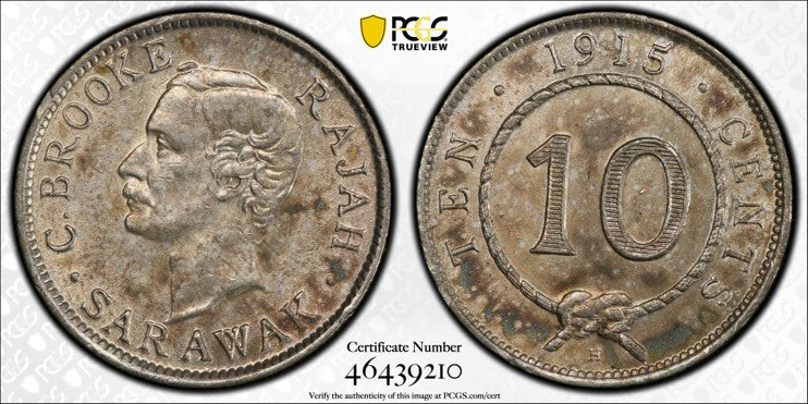 Sarawak Charles Brooke Rajah 1915-H Silver 10 Cent PCGS AU 58