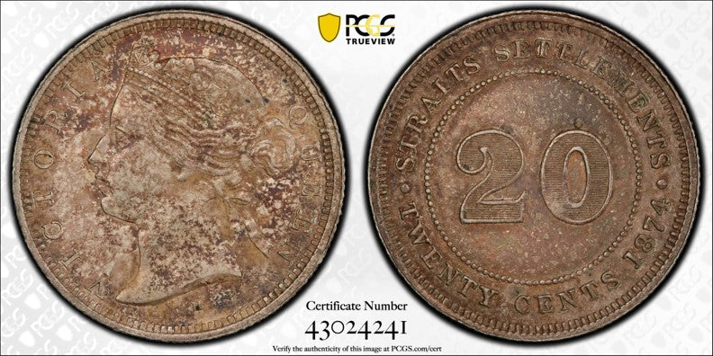 Straits Settlements Victoria 1874-H 20 Cents PCGS AU 55