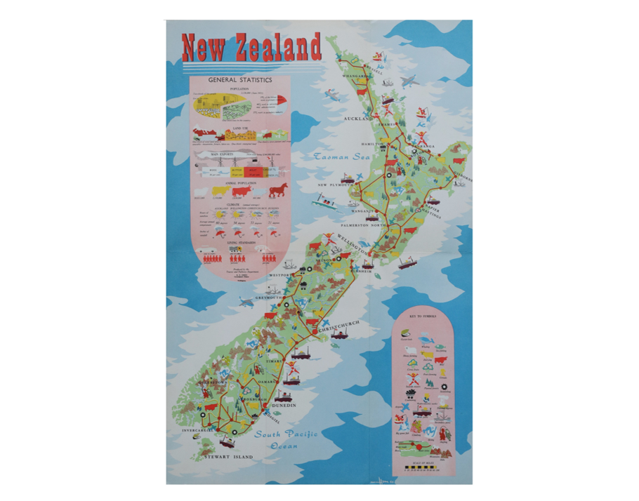 Original 1952 Pictorial Map of New Zealand
