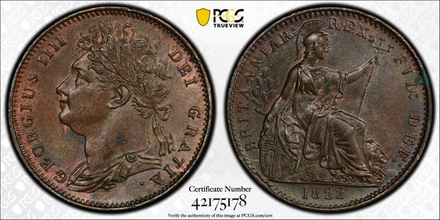 GREAT BRITAIN GEORGE IV 1822 1/4D PCGS MS 63 BN S-3822
