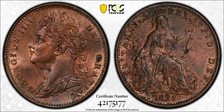 GREAT BRITAIN GEORGE IV 1825 1/4D PCGS MS 63 RN S-3822