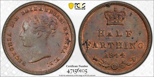 GREAT BRITAIN VICTORIA 1844 1/2 Farthing PCGS MS 63 BN S-3951