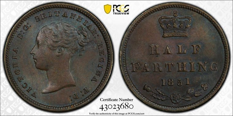 GREAT BRITAIN VICTORIA 1851 1/2 Farthing PCGS MS 64 BN S-3951