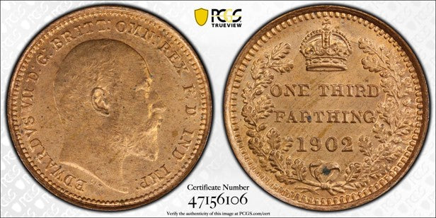 GREAT BRITAIN EDWARD VII 1902 1/3 Farthing PCGS MS 64 RD S-3993